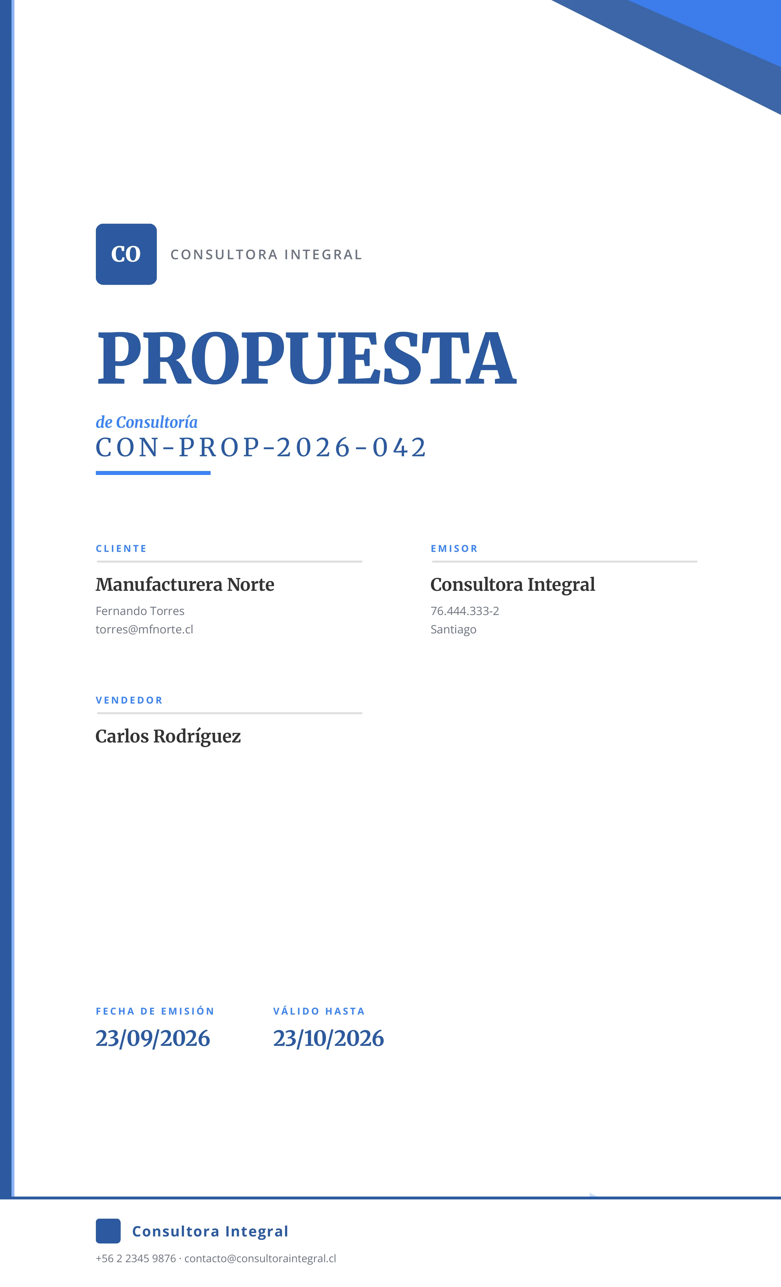 Portada de cotización de consultoría generada con el sistema