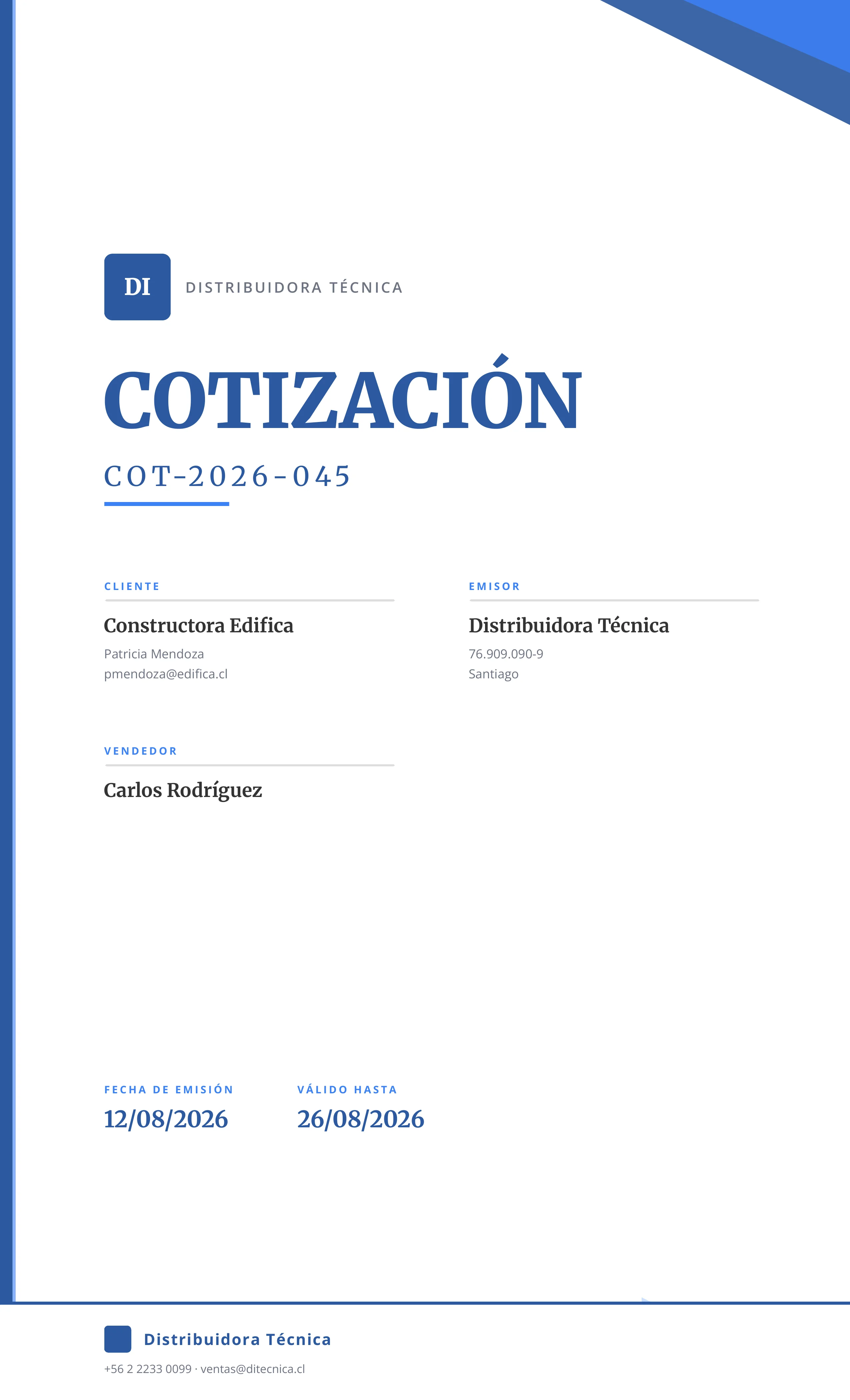 Portada de cotización en PDF generada con el sistema