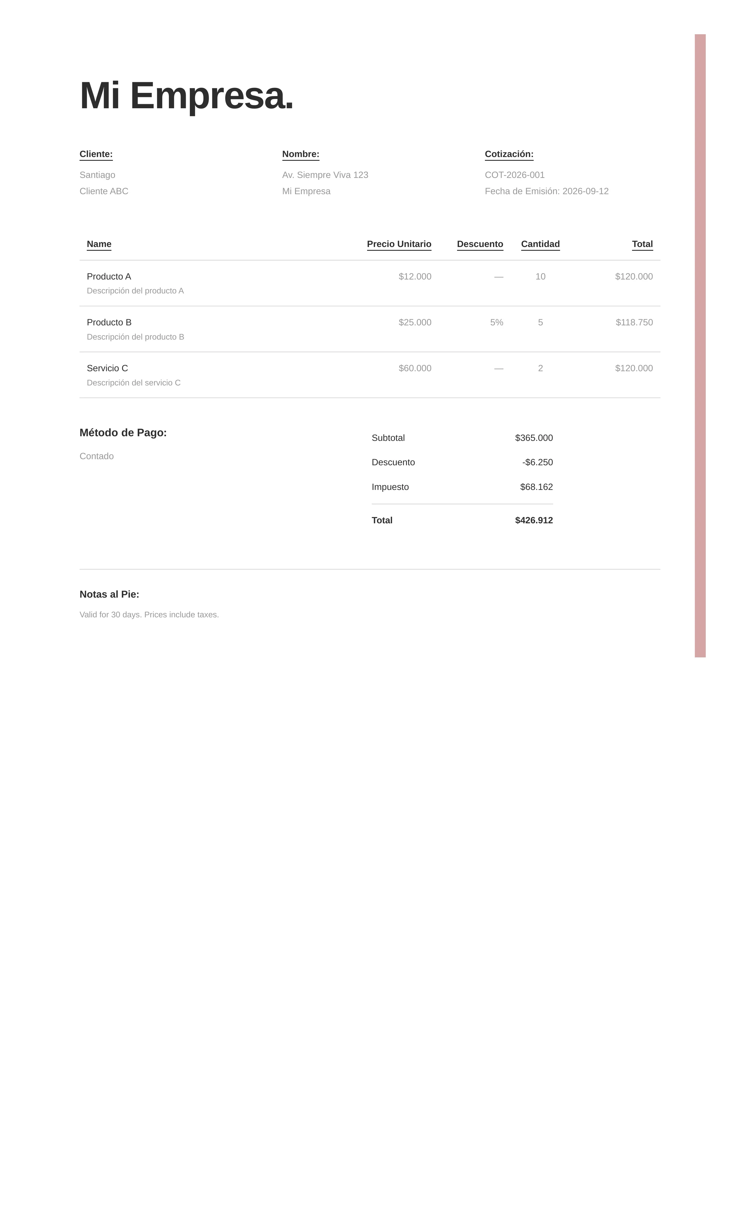 Quote request format generated with the system