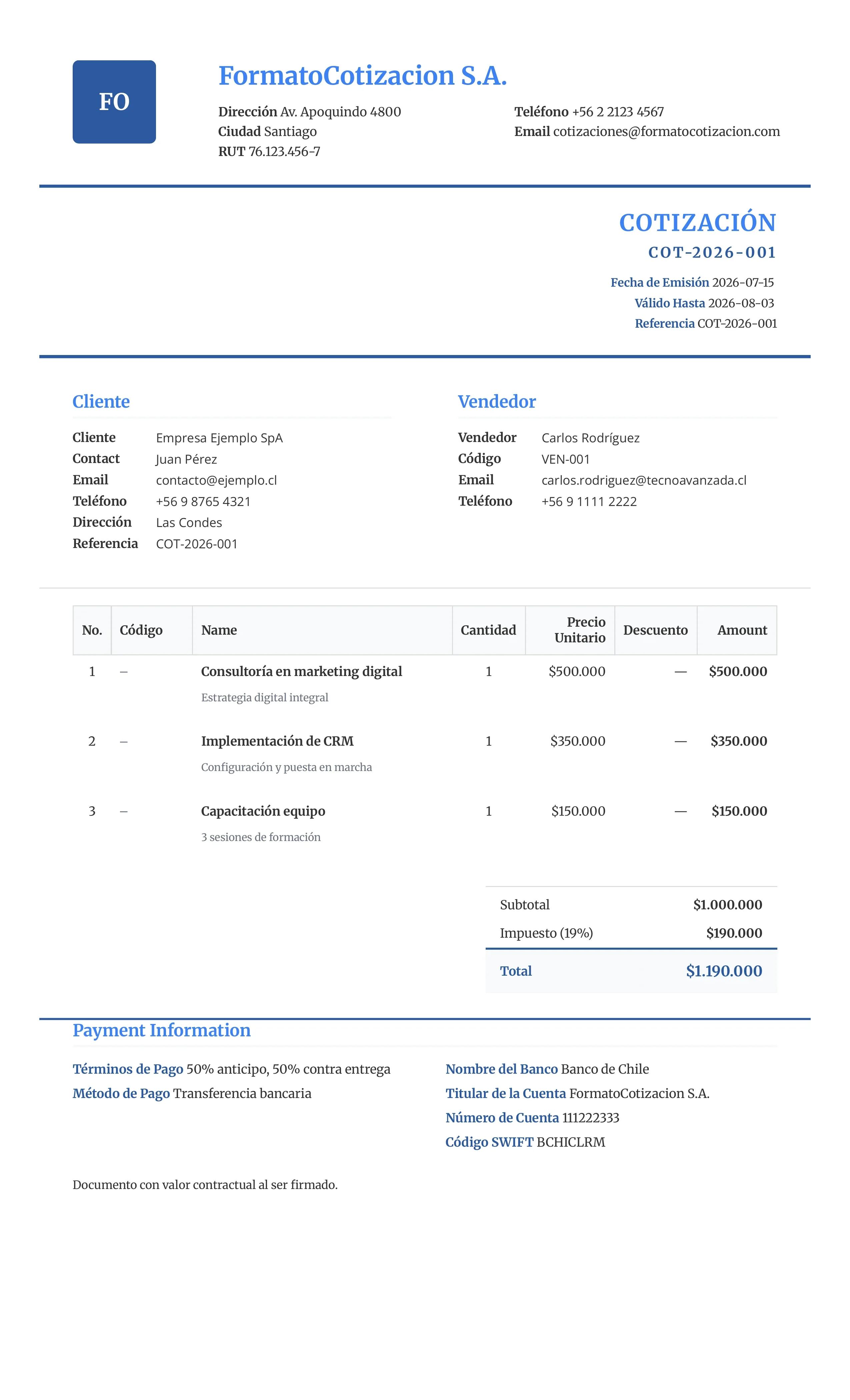 Ejemplo de cotización formal generado con el sistema