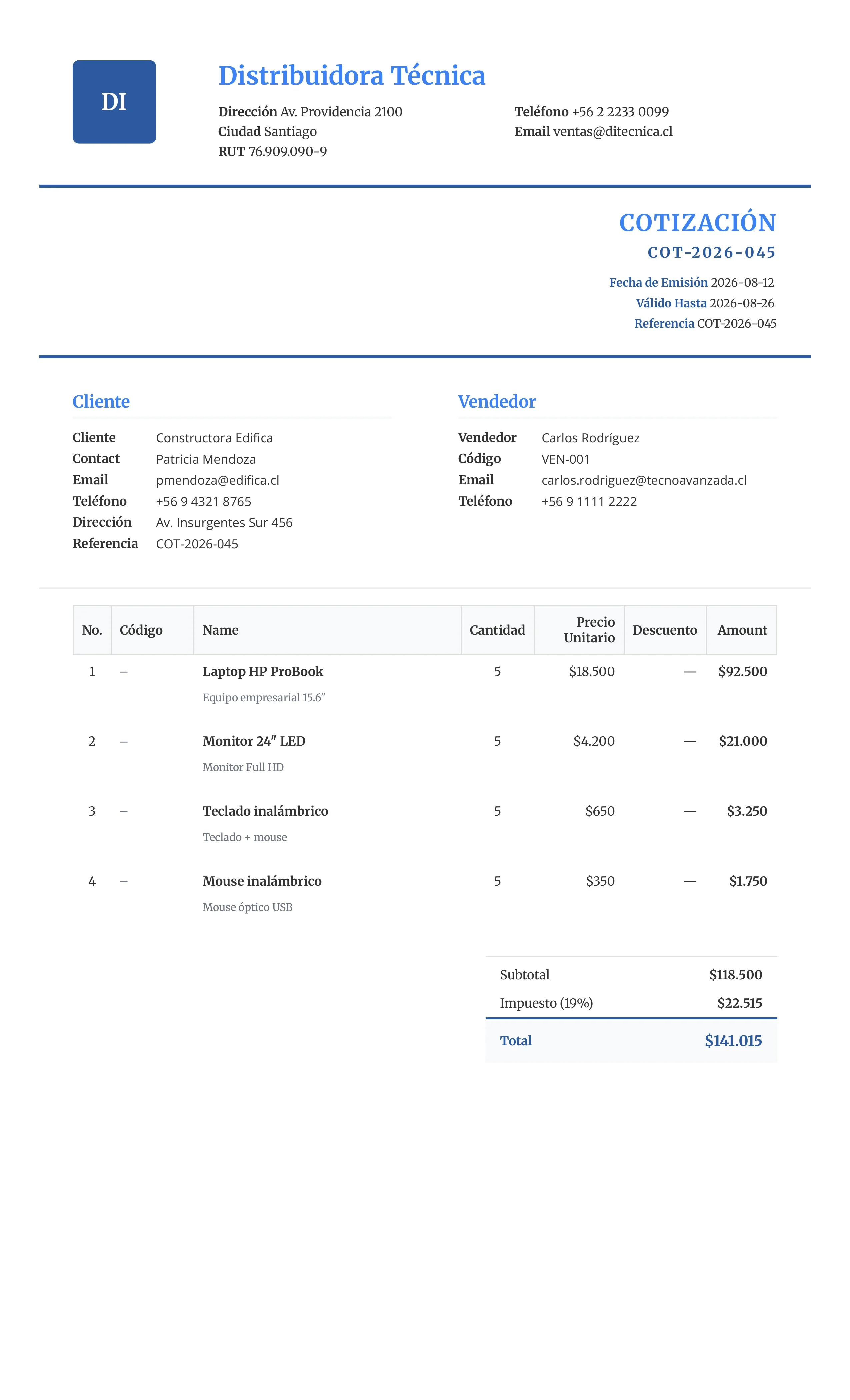 Ejemplo de cotización profesional en PDF generado con el sistema