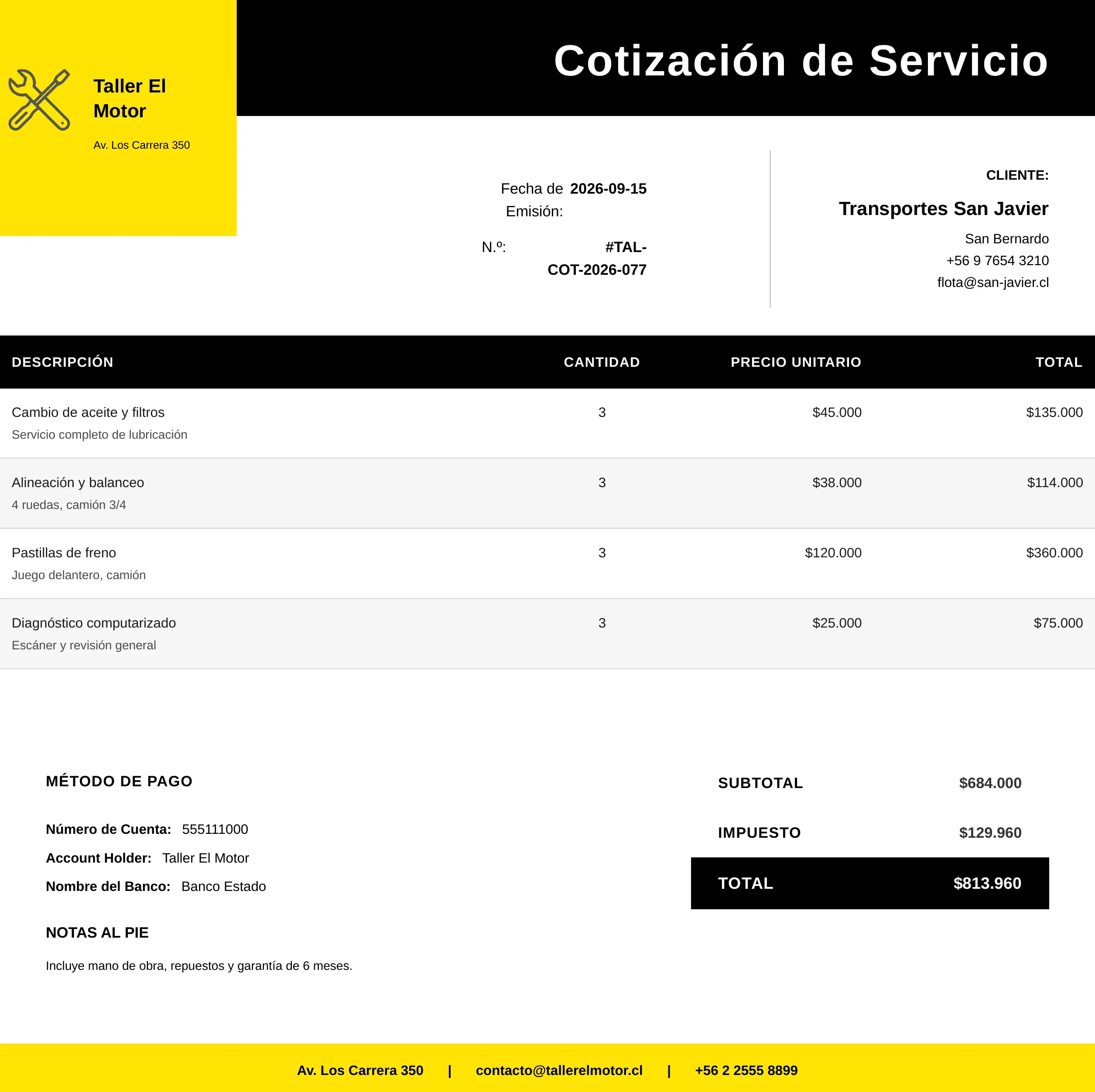 Ejemplo de cotización para taller mecánico con repuestos y mano de obra